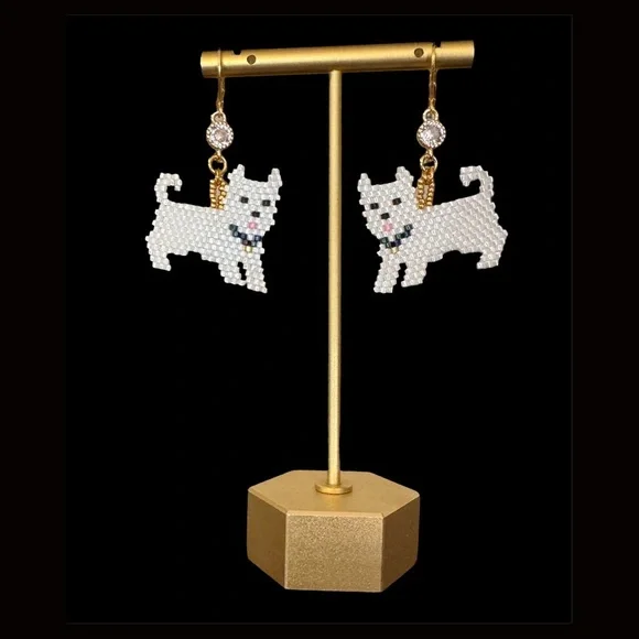 Hand crafted white dog pup earrings - Picture 5 of 6